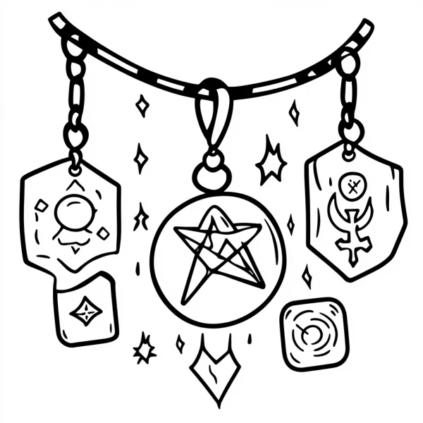 Magical pendant set with pentagram and mystical symbols, fantasy style — free printable mystery coloring book page