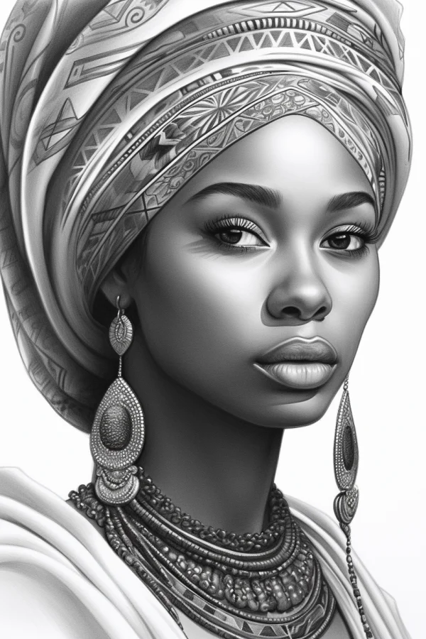 Coloring book page, african-style female portrait — free printable africa coloring book page