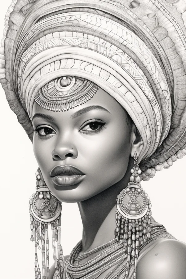 African tribal woman with elaborate traditional headdress and jewelry, realistic art style — free printable africa coloring book page