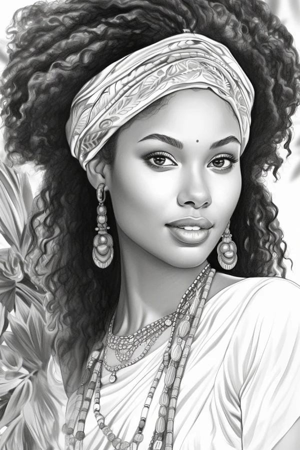 Realistic portrait of african curly-haired woman with patterned headwrap, tiered drop earrings and layered necklaces — free printable africa coloring book page
