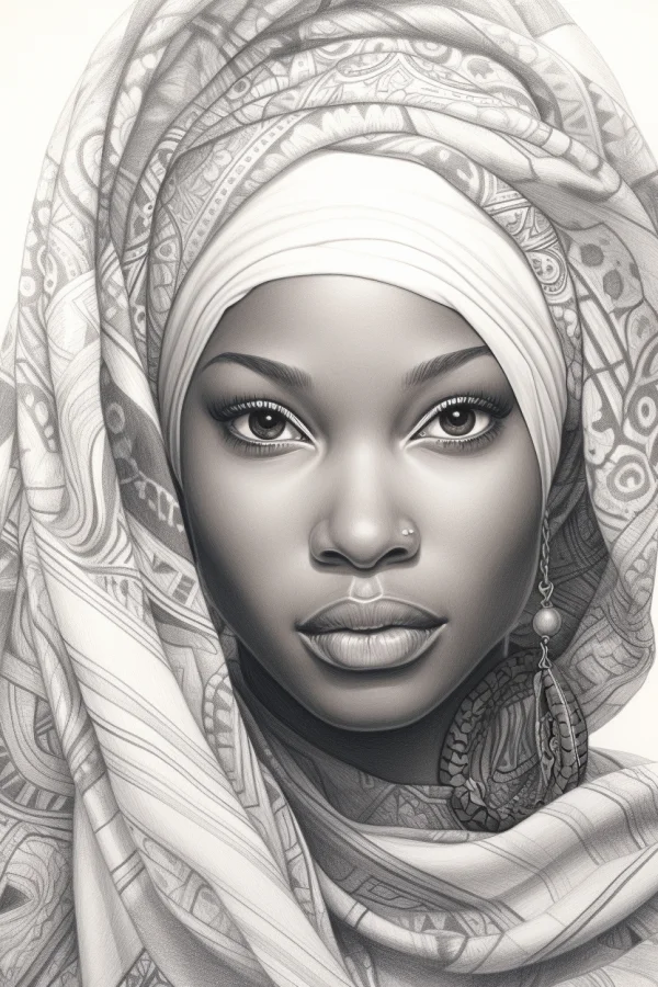 African woman portrait with tribal headscarf, realistic and african tribal style — free printable portrait coloring book page