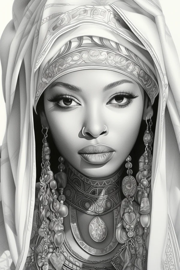 African indigenous woman wearing ethnic jewelry and headscarf, realistic african style — free printable africa coloring book page