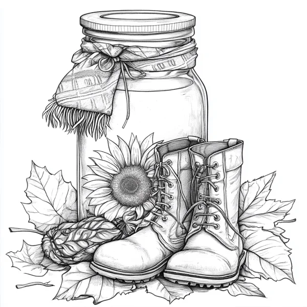 Autumn still life with mason jar tied with plaid scarf, sunflower — free printable living items coloring book page
