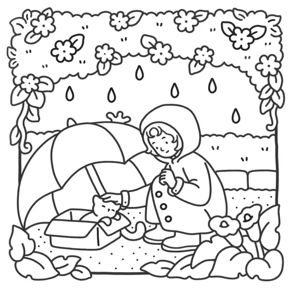 Child in raincoat holding umbrella over kitten in box, cartoon style — free printable rainy days coloring book page