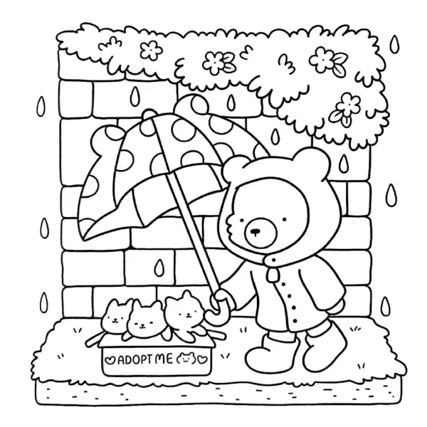 Cute bear in raincoat holding polka-dot umbrella over three kittens in 'adopt me' box, cartoon style — free printable rainy days coloring book page