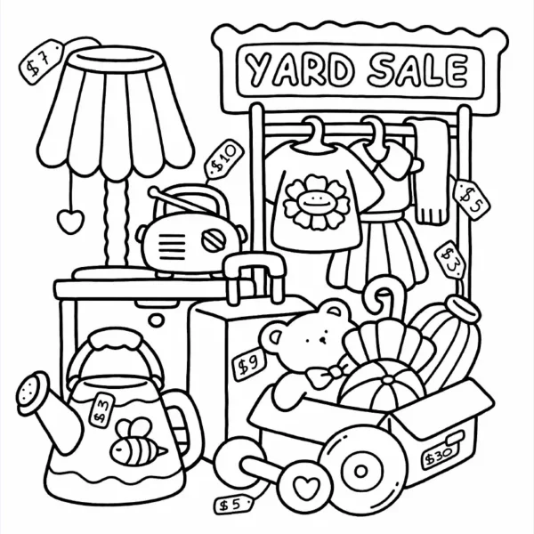 Collection of cute yard sale items including table lamp, radio — free printable living items coloring book page