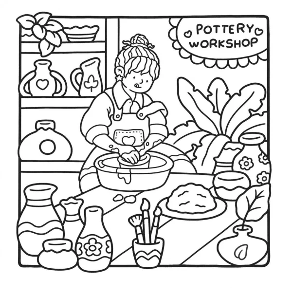 Potter making pottery in workshop, cartoon style — free printable diy coloring book page