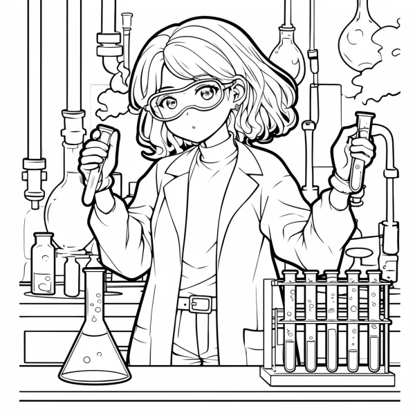 Girl scientist doing experiment in laboratory, cartoon style — free printable science experiments coloring book page