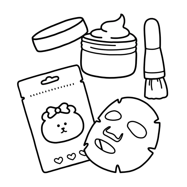 Cute cartoon skincare and beauty items set including bear face mask package, facial mask — free printable beauty care coloring book page