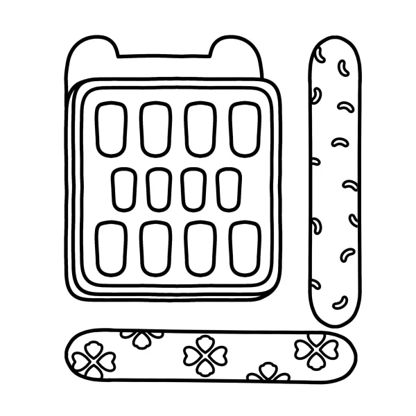 Waffles and decorated sausages with clover and spiral patterns, cartoon style — free printable st. patrick's day coloring book page