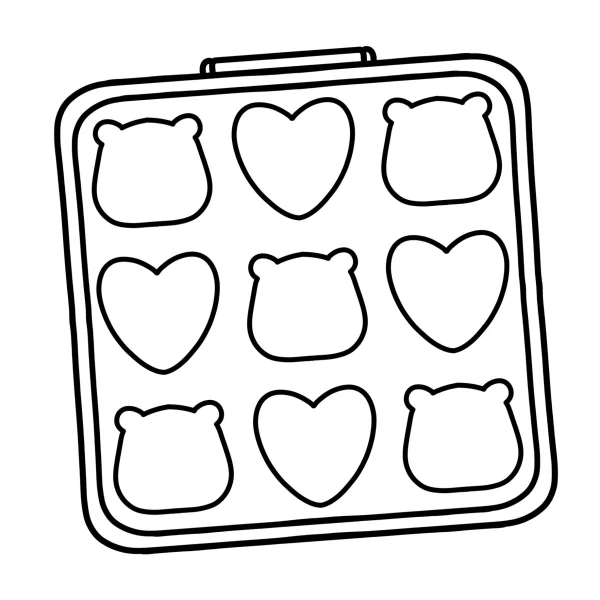 Baking tray with bear head and heart shaped molds, cartoon style — free printable diy coloring book page