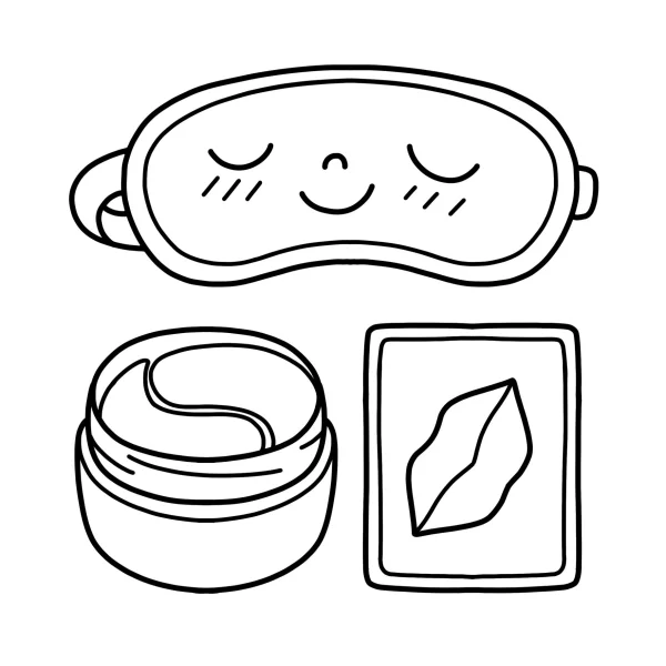 Cute cartoon skincare set including smiling sleep mask, cream jar — free printable beauty care coloring book page