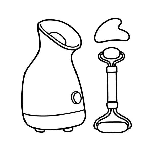 Beauty instruments set including facial steamer, massage roller — free printable beauty care coloring book page