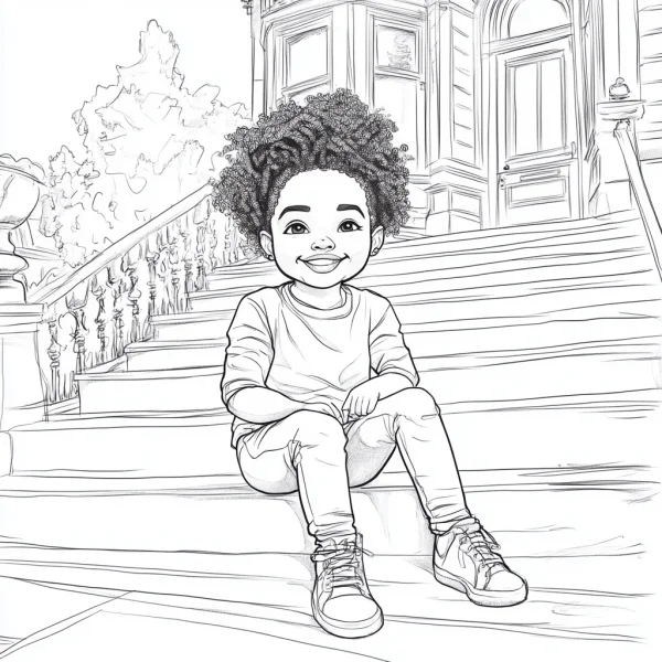 Curly-haired black boy sitting on the steps of a building, cartoon style — free printable daily scene coloring book page
