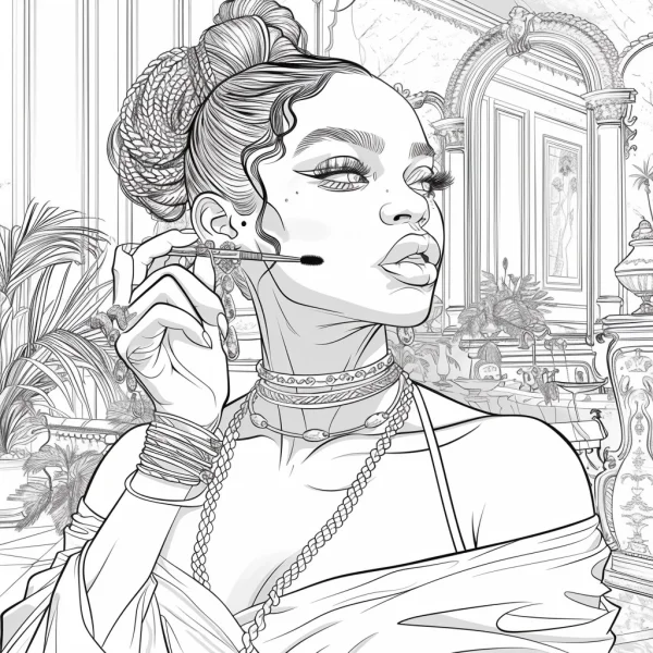 Elegant fashionable woman applying makeup, retro palace interior background with arched doorway and decorative mirror — free printable beauty coloring book page