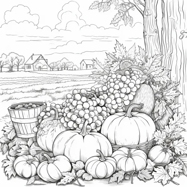 Autumn harvest rural landscape with pumpkins, grapes — free printable natural plants coloring book page