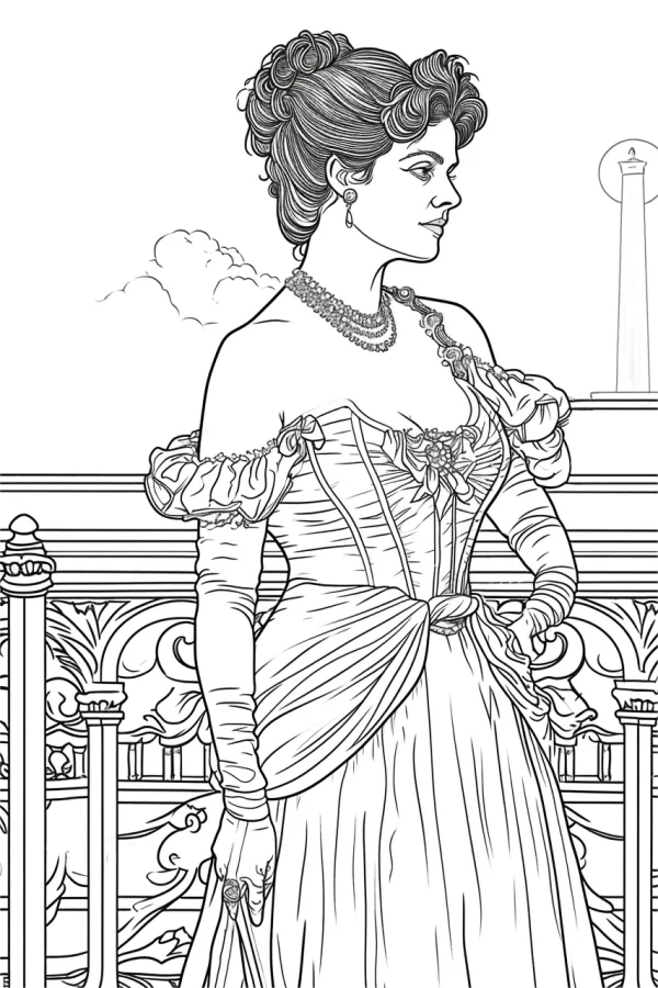 Vintage court woman, vintage realistic line art — free printable court coloring book page