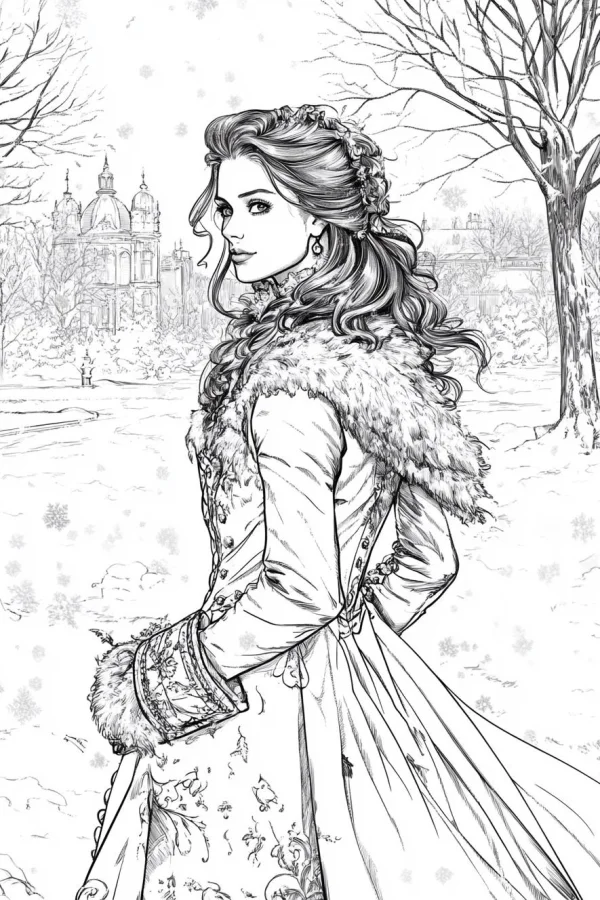 Vintage european woman in winter, retro realistic style — free printable scenery coloring book page