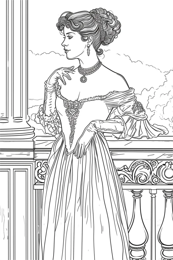Victorian-style noble woman standing on balcony, retro court art style — free printable victorian coloring book page