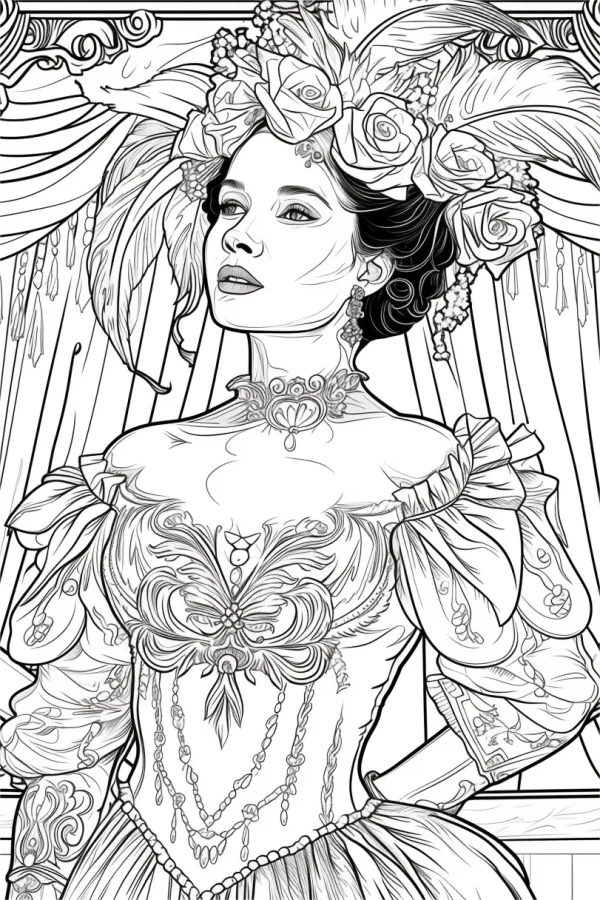 Victorian style court woman with rose and feather headdress, intricate vintage court dress with decorative patterns and embroidery — free printable court coloring book page