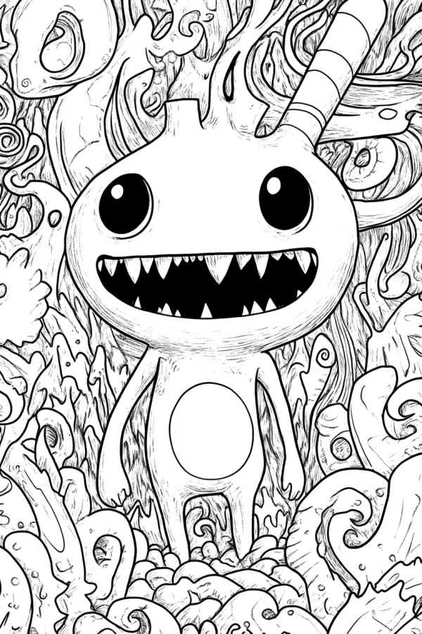 Cartoon cute monster with big eyes and sharp teeth, cartoon style — free printable monster coloring book page