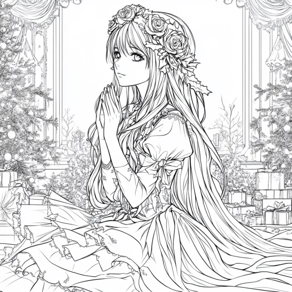 Long-haired praying girl wearing rose and holly wreath, anime cartoon style — free printable festivals coloring book page