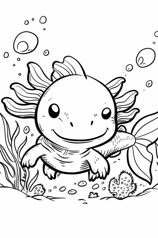 Cartoon axolotl, cute cartoon style — free printable amphibians coloring book page