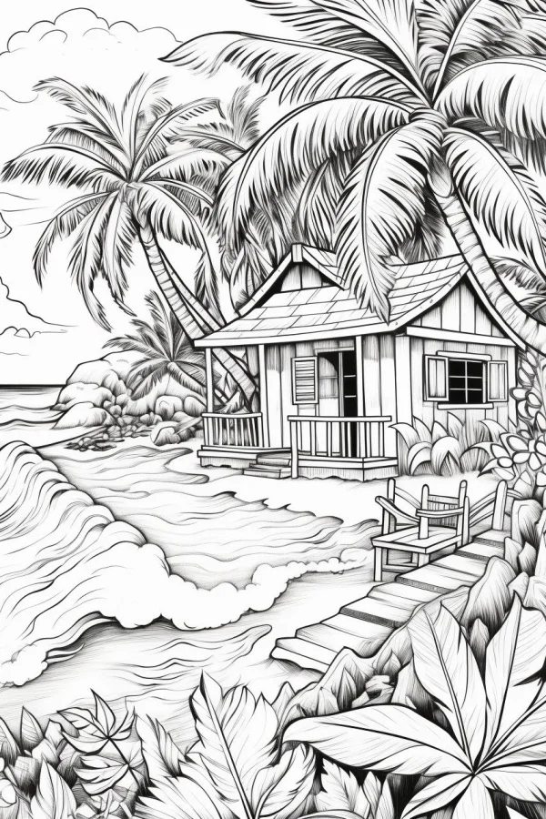 Tropical seaside cabin, sketch style — free printable tropical plants coloring book page