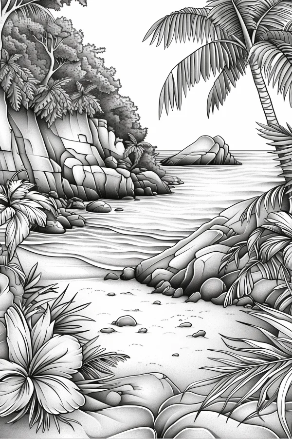 Coloring book page, tropical beach landscape — free printable tropical plants coloring book page