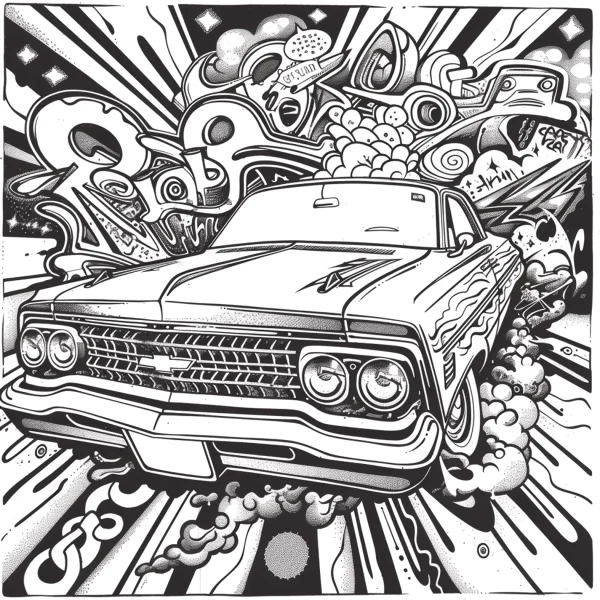 Graffiti-style vintage chevrolet car, street art style — free printable graffiti art coloring book page