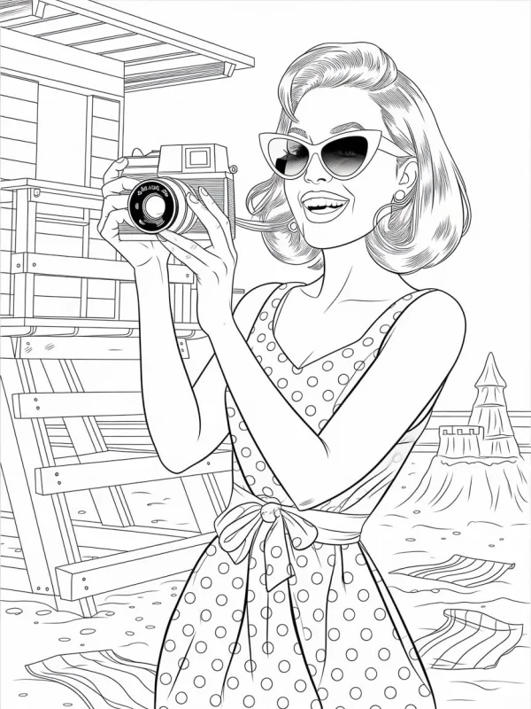 Vintage woman holding a camera, retro style — free printable photography coloring book page