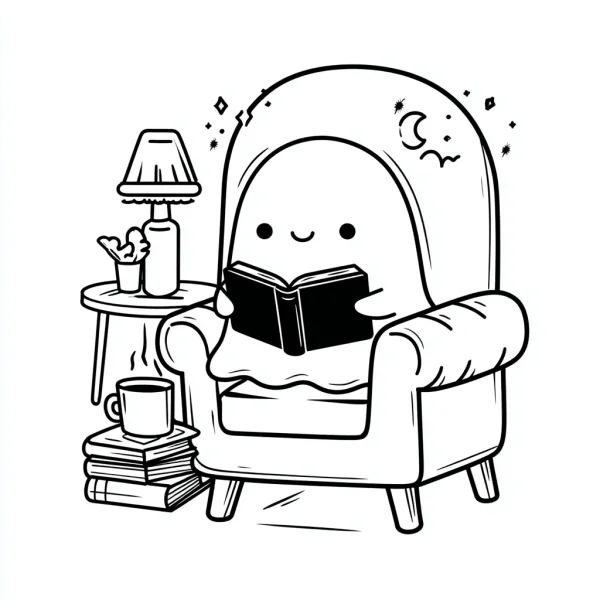 Cute cartoon blob reading a book on an armchair, cartoon style — free printable cozy daily life coloring book page