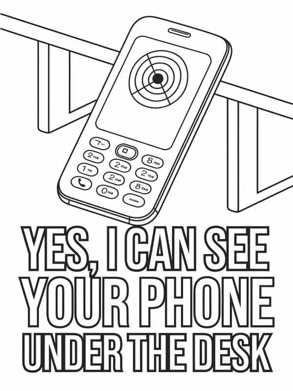 Keypad phone under desk, cartoon style — free printable campus life coloring book page