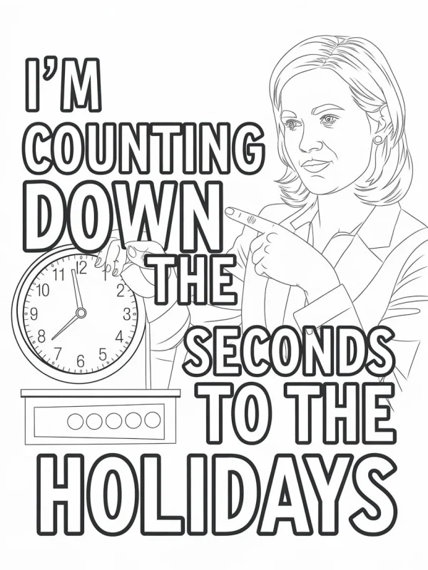 Office woman with countdown clock, realistic line art — free printable festivals coloring book page
