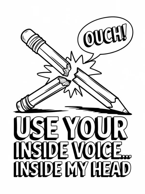 Broken crossed pencils with speech bubble shouting 'ouch!', bold decorative text 'use your inside voice... inside my head' — free printable humor coloring book page