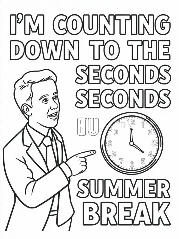 Cartoon man in suit pointing at wall clock, black and white bold line art — free printable holiday coloring book page