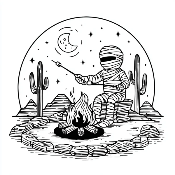 Cute mummy roasting marshmallows over campfire, cartoon style — free printable night coloring book page