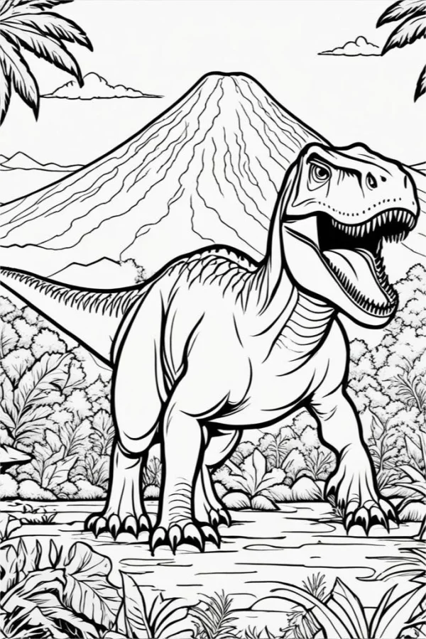 Tyrannosaurus rex, prehistoric natural scene with volcano — free printable prehistoric coloring book page