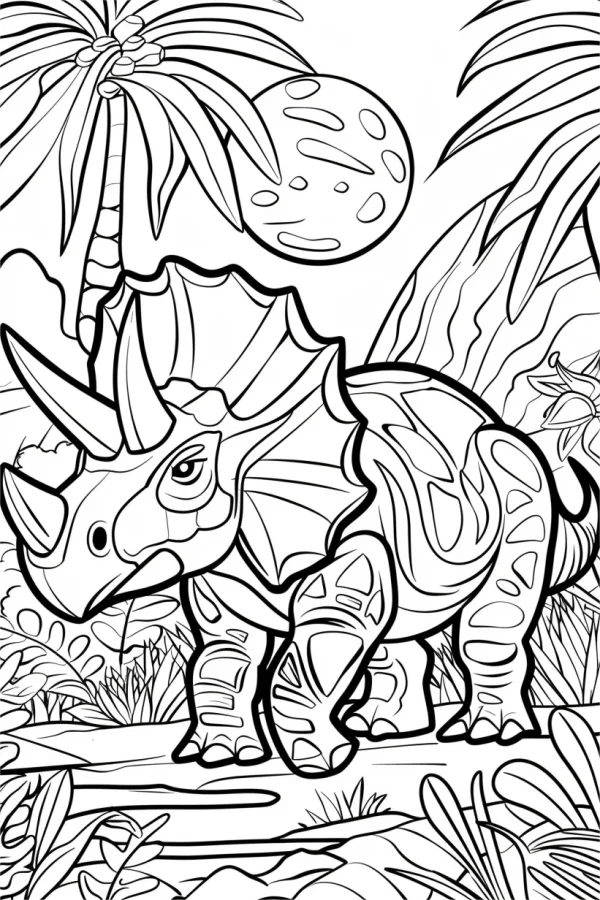 Triceratops dinosaur, cartoon style — free printable jungle coloring book page