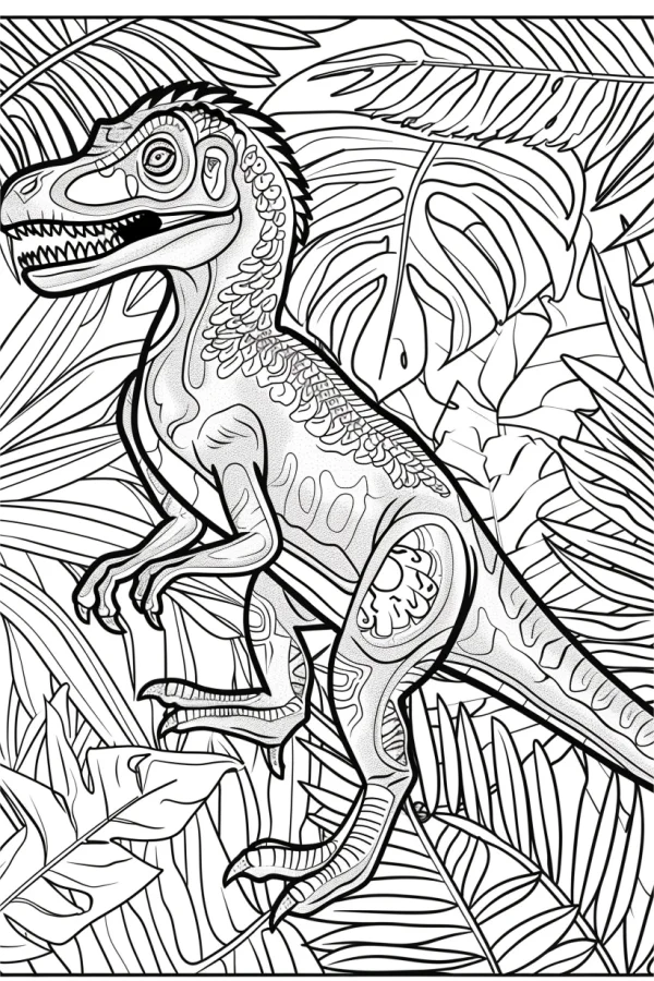 Decorative carnivorous dinosaur in tropical rainforest, cartoon style — free printable rainforest coloring book page