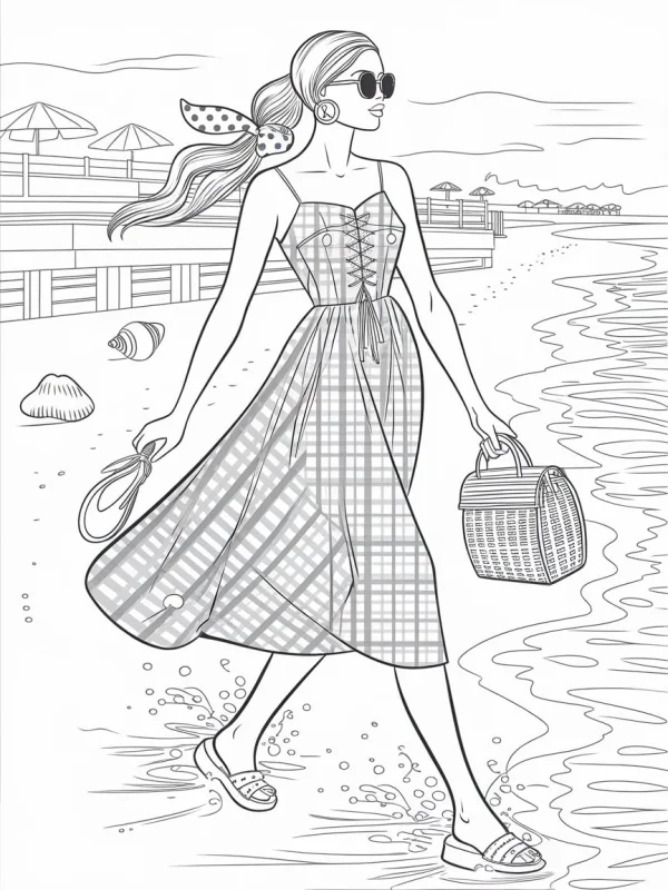 Stylish girl on beach vacation, realistic line art style — free printable beach vacation coloring book page