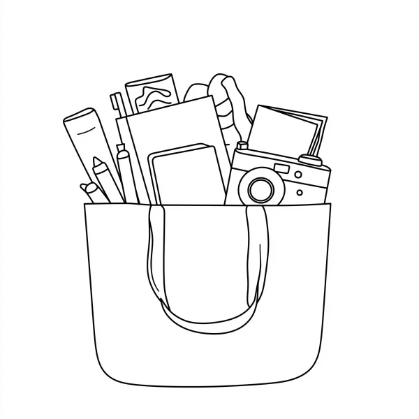 Tote bag filled with stationery and camera, cartoon style — free printable photography coloring book page