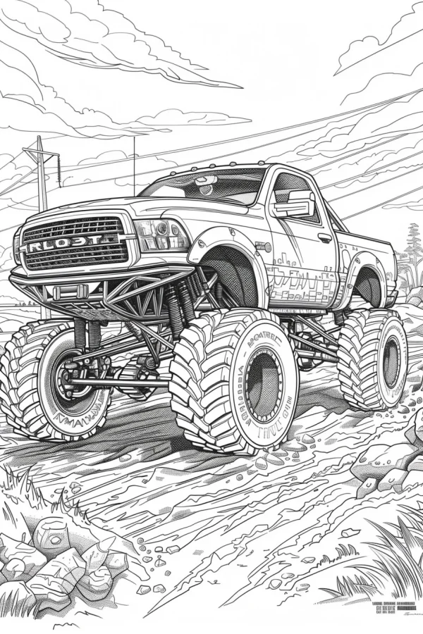 Monster truck, off-road scene with rocks — free printable outdoor adventure coloring book page