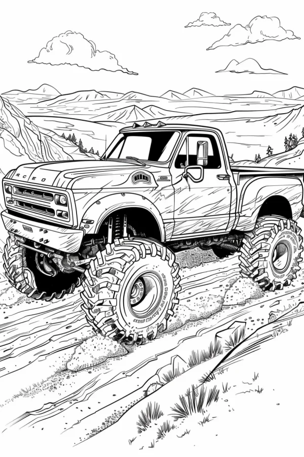 Off-road monster truck, realistic style — free printable outdoor adventure coloring book page