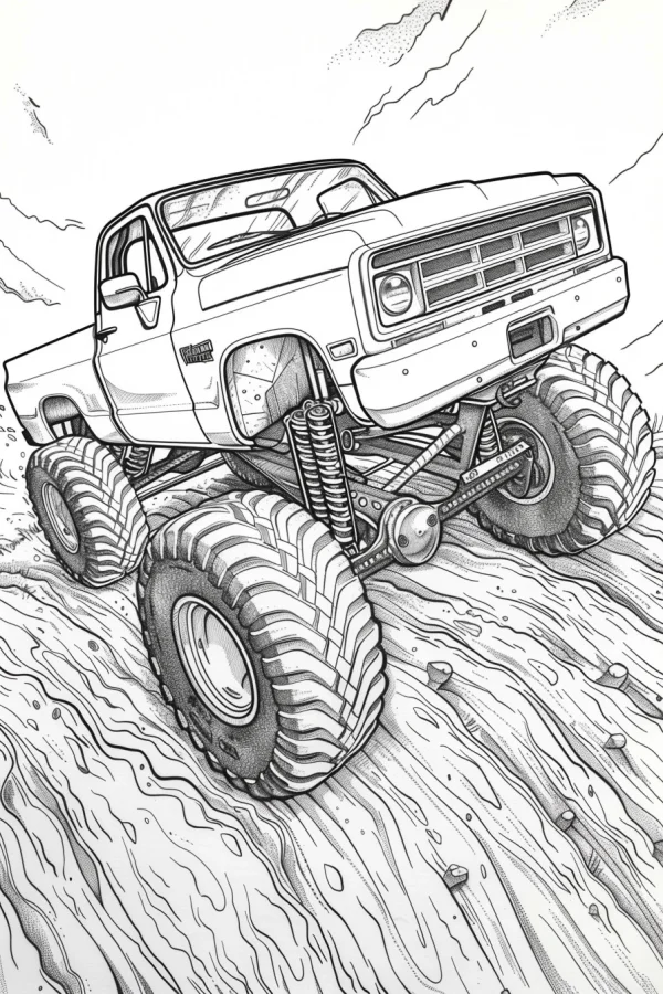 Off-road monster truck, realistic line art style — free printable outdoor adventure coloring book page