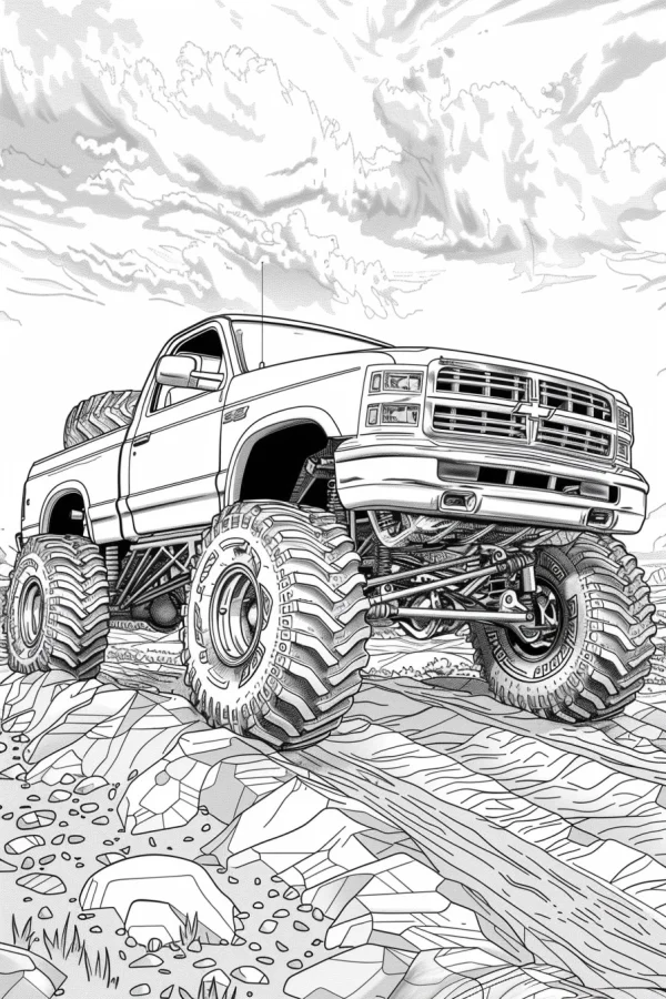Monster truck, realistic art style — free printable outdoor adventure coloring book page
