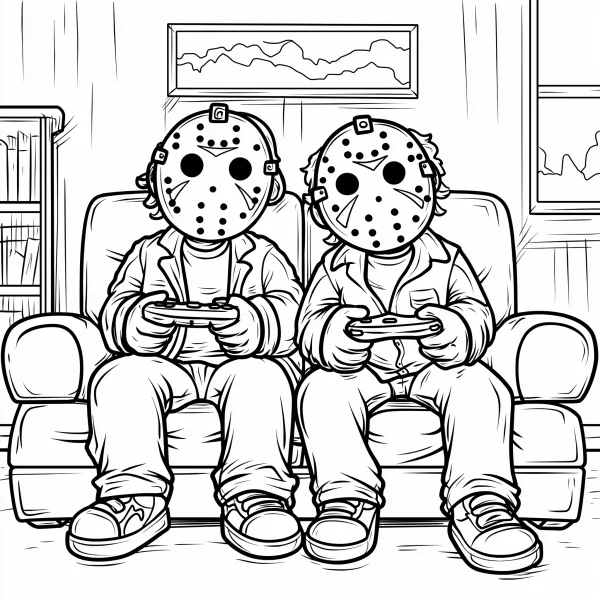 Two video game players wearing jason voorhees masks, cartoon style — free printable games coloring book page