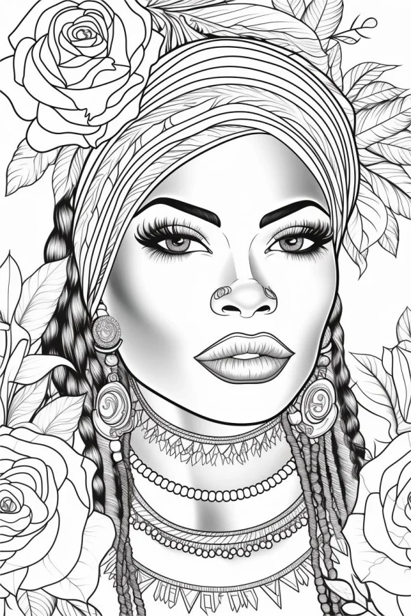 African style woman with headwrap and braids, featuring nose ring — free printable africa coloring book page