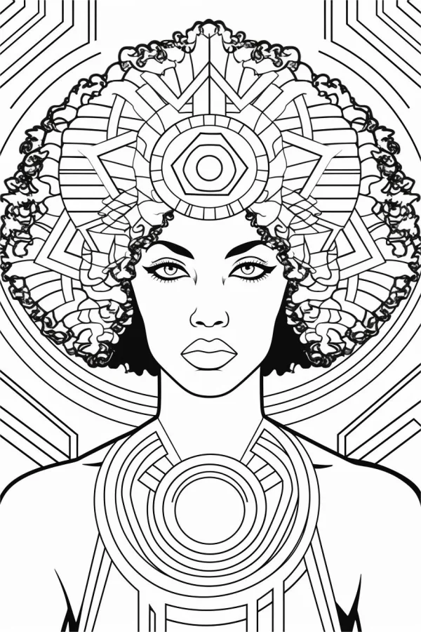 African-style woman with geometric headdress and circular necklace, decorative art style — free printable abstract creativity coloring book page