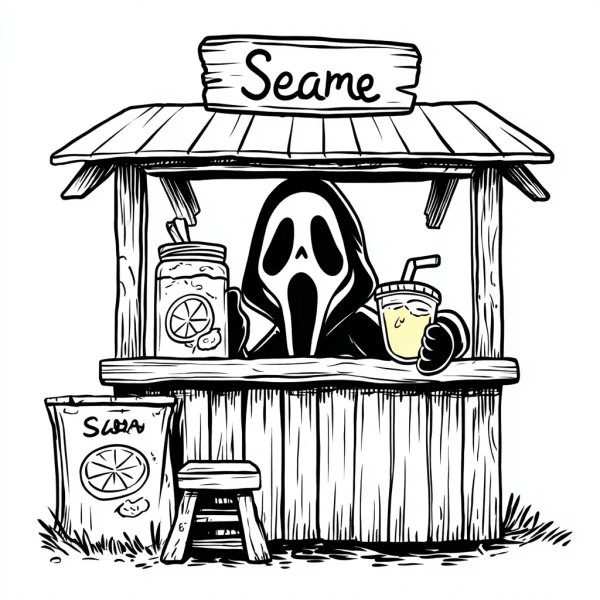 Horror ghost face as street vendor behind a wooden lemonade stand, holding a drink cup — free printable humor coloring book page